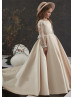 Long Sleeve Beaded Lace Satin Keyhole Back Flower Girl Dress